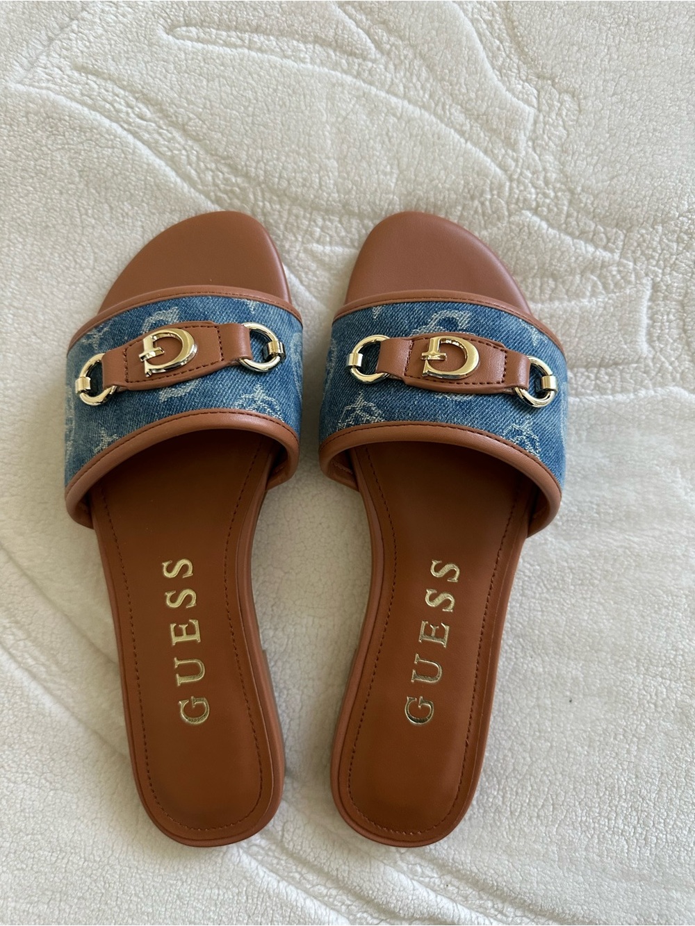 GUESS Tan Leather & Blue Denim Slide Mules with Gold Hardware